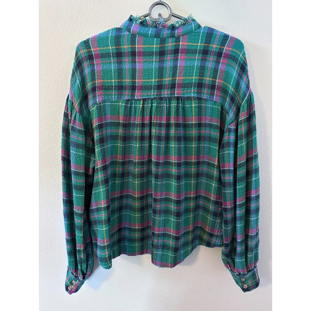 Anthropologie Pilcro Cropped Puff-Sleeve Soft Crinkle Green Plaid Blouse Small - Picture 7 of 8